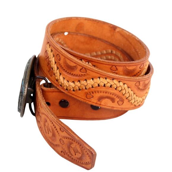 HANDCRAFTED TAN BROWN GENUINE LEATHER 1.5"Wd CASUAL DRESS MEN'S BELT Sz 42 (F63 - Picture 2 of 13